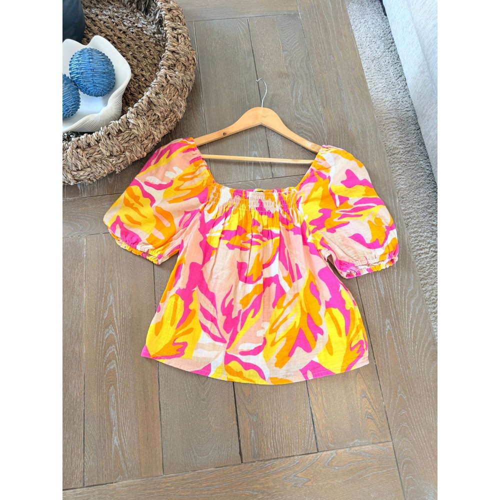 Sanctuary Puff Sleeve Blouse Womens Pink Orange Yellow‎ Tropical Leaf Small